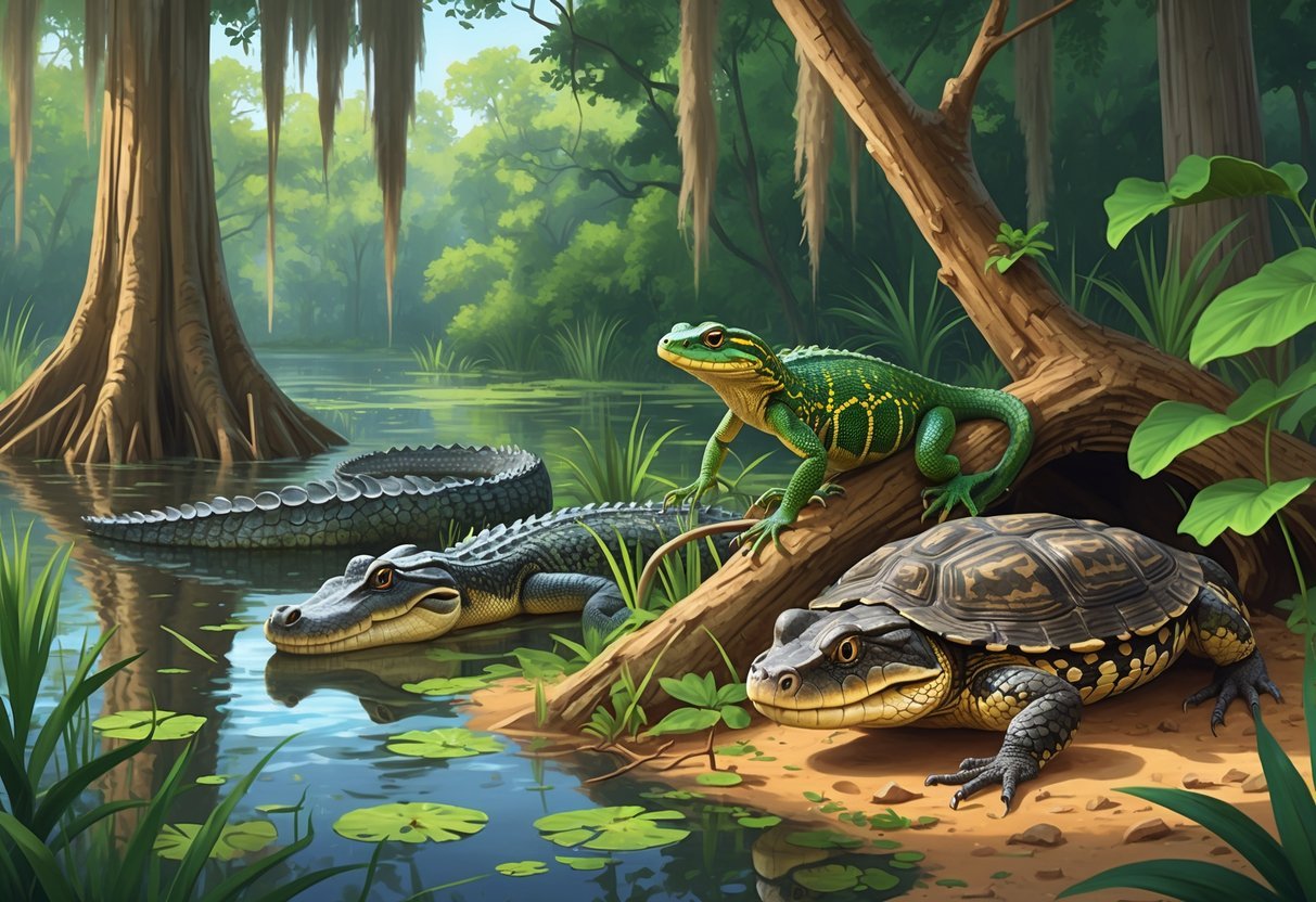 A variety of Florida reptiles including an alligator in a swamp, a green anole on a branch, a rattlesnake on the forest floor, and a gopher tortoise near a burrow surrounded by wetland plants.