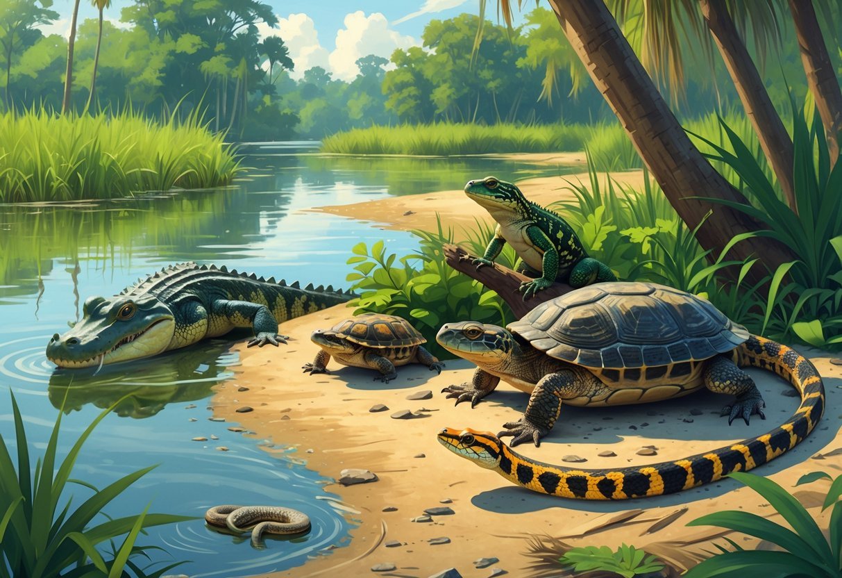 A detailed scene showing various reptiles native to Florida in a wetland environment, including an alligator in water, a green anole on a branch, a box turtle on the ground, a gopher tortoise near a burrow, and an eastern coral snake on leaf litter.