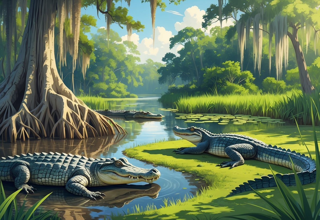 A large crocodile and an alligator in a Florida wetland surrounded by mangroves, cypress trees, and native plants.