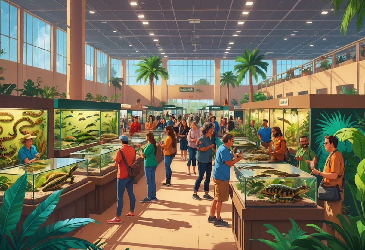 An indoor reptile expo with visitors looking at various reptiles displayed in terrariums and interacting with exhibitors in a luminous spacious hall.