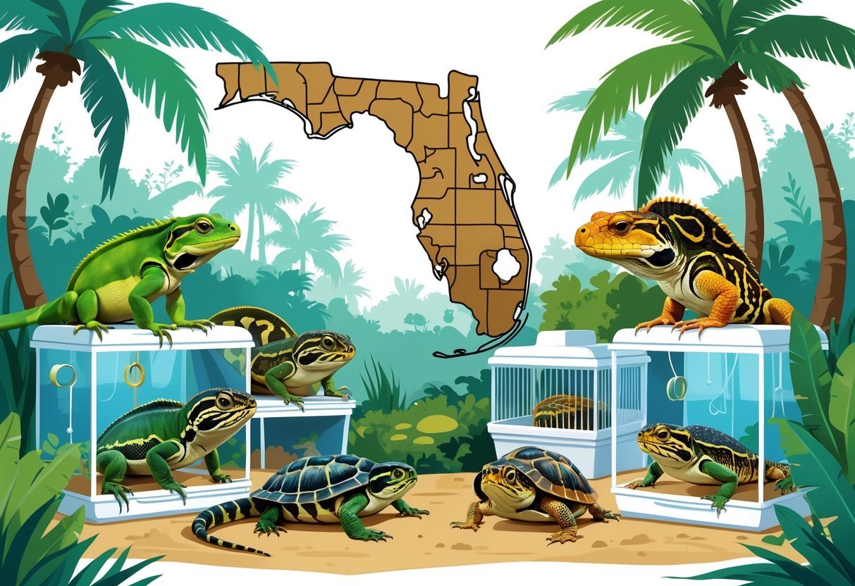 A variety of pet‌ reptiles including an iguana, turtle, and snake in naturalistic enclosures with Florida plants⁢ and a subtle map of Florida in the background.