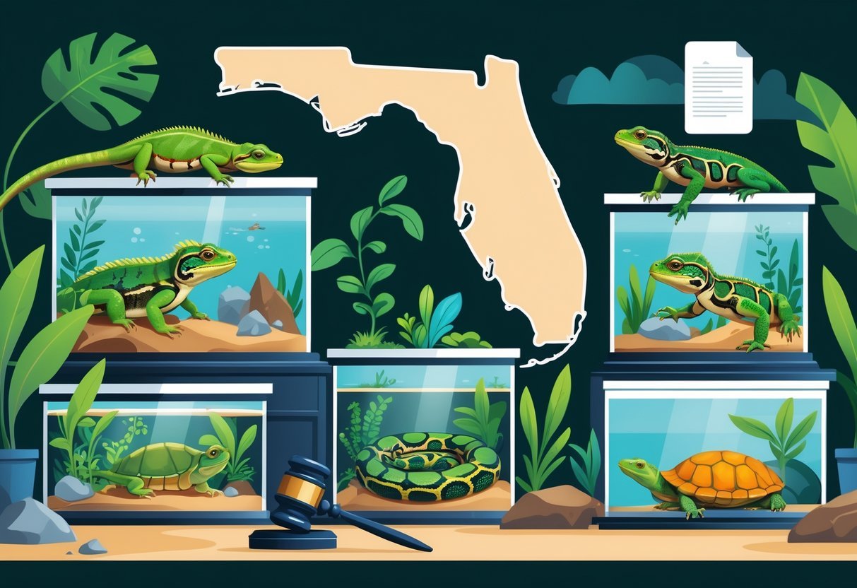 A collection of pet reptiles including a green iguana, ball python,and turtle in terrariums with a faint⁣ outline of Floridaand legal symbols nearby.