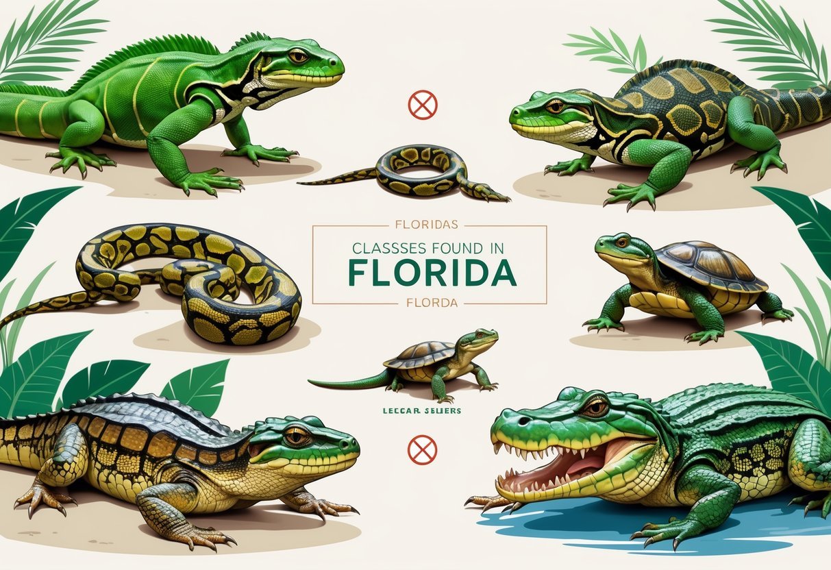 Illustration showing different reptiles found in Florida with icons indicating which are legal or restricted ⁤as pets.