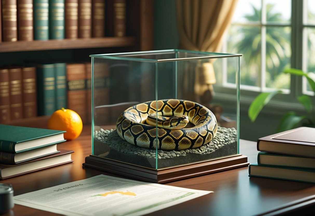 A ball python resting inside a glass terrarium⁣ on a desk with legal books and a small Florida-themed⁤ decoration nearby.