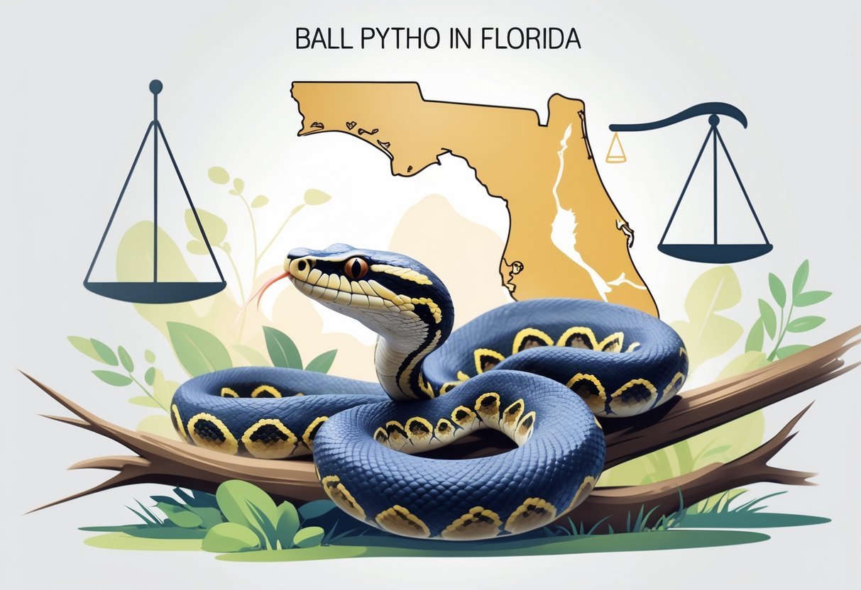 A ​ball python resting on a branch with an outline of Florida and legal symbols like scales and ⁢a gavel in the⁢ background.