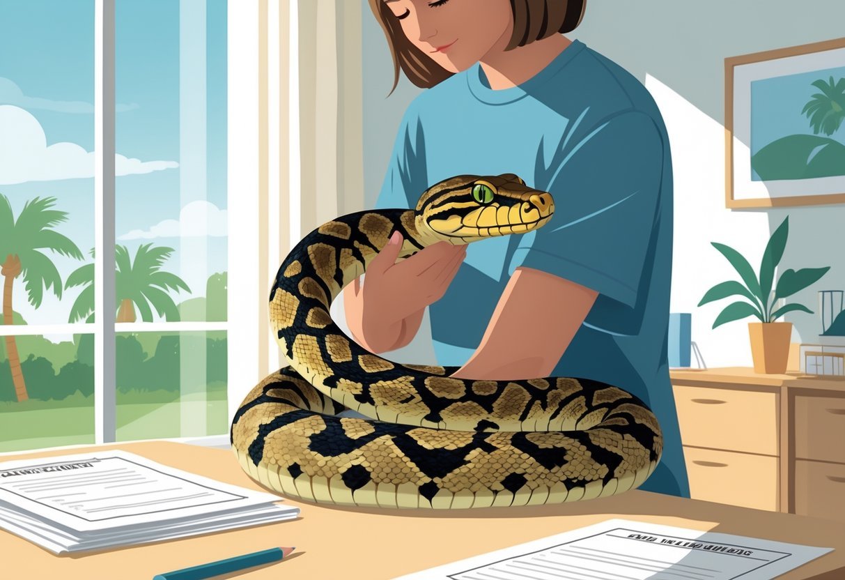 A person holding a boa constrictor inside a home with palm trees visible outside the window.