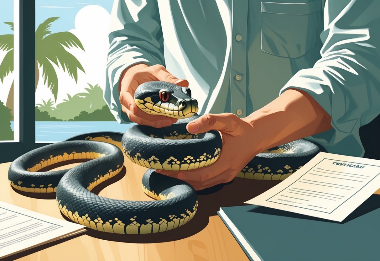 A person holding a boa constrictor indoors with palm trees visible outside a window.