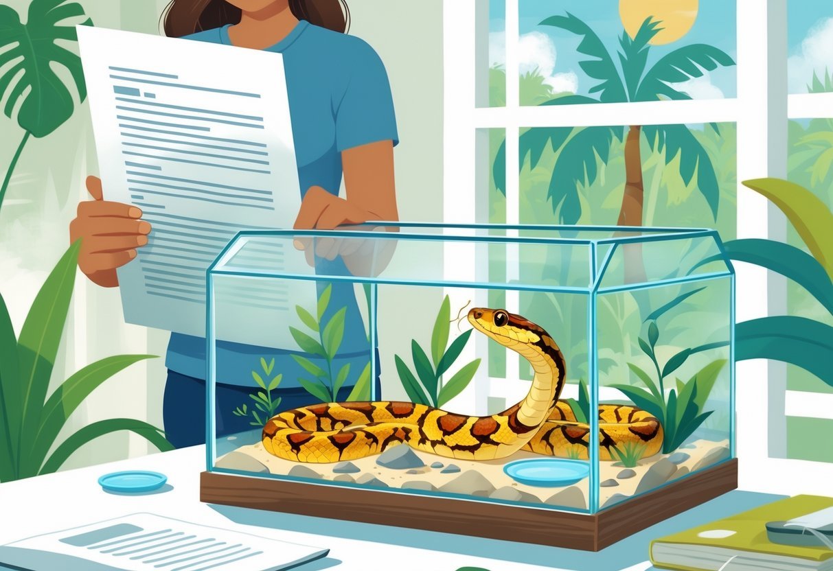 A corn snake inside a glass terrarium with natural decorations and a person reading a document nearby in a shining room with palm trees visible outside.