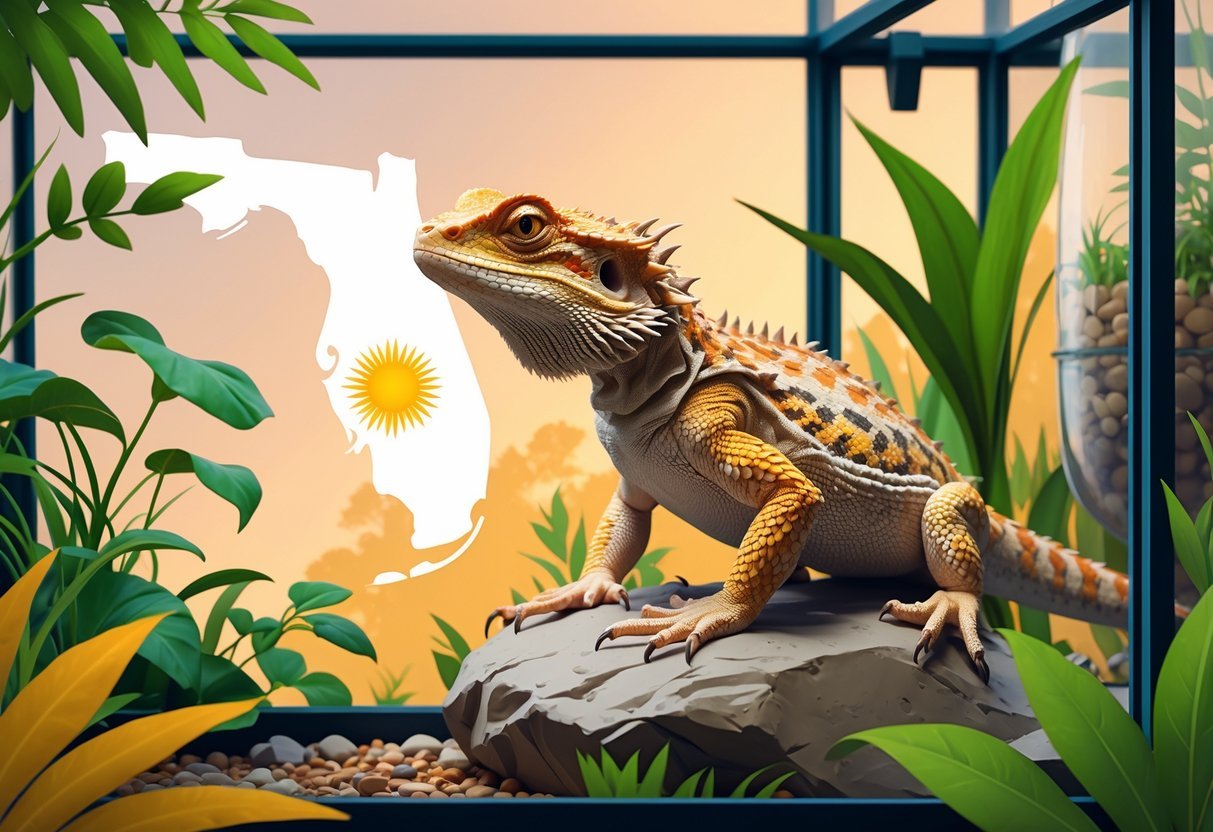 A bearded dragon resting on a rock inside a terrarium with plants,with a subtle outline of Florida in the background.