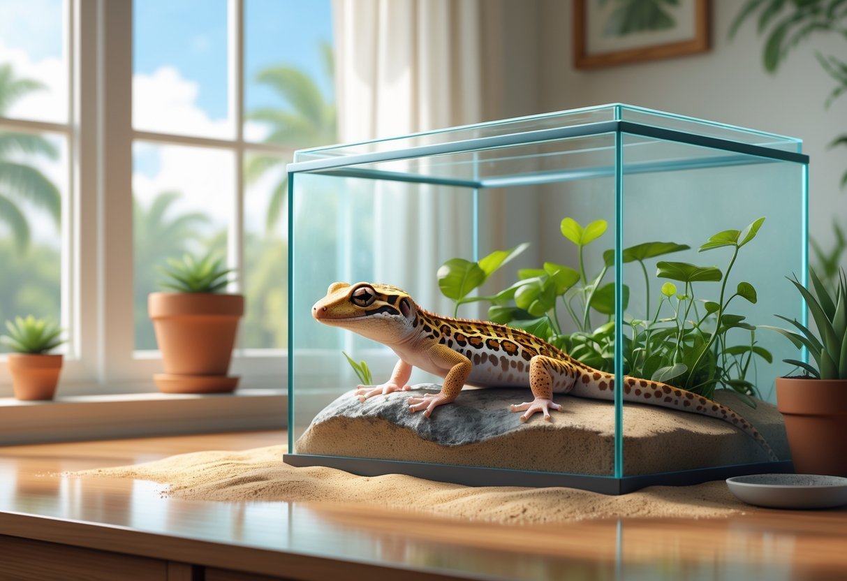 A leopard gecko sitting on a rock inside a terrarium with plants and sand, placed on a desk near a window showing palm trees outside.