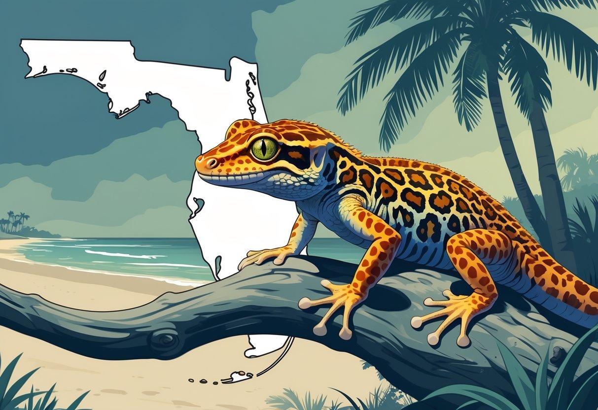A leopard gecko on a branch with faint map of Florida and natural elements like palm trees in the background symbolizing legal ownership.