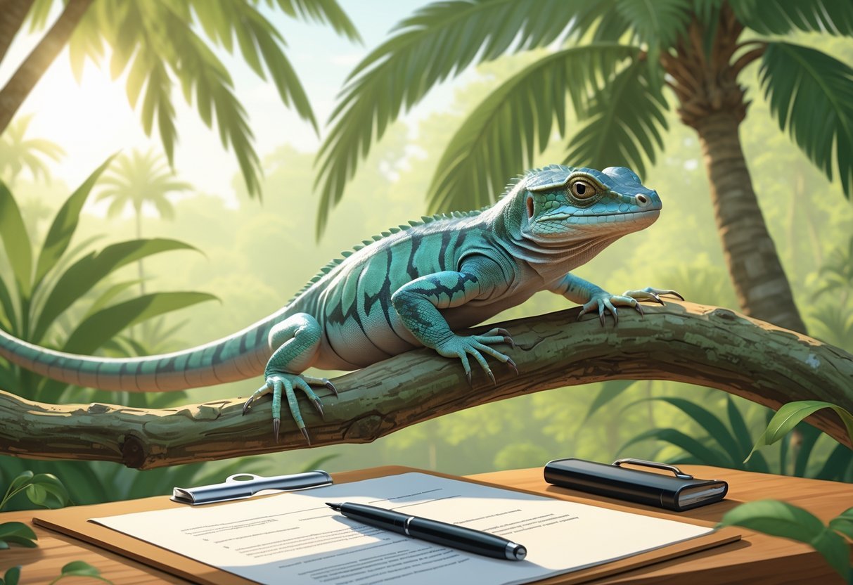 A tegu lizard resting on a branch with Florida greenery and palm trees in the background, next to a clipboard with documents on a wooden table.