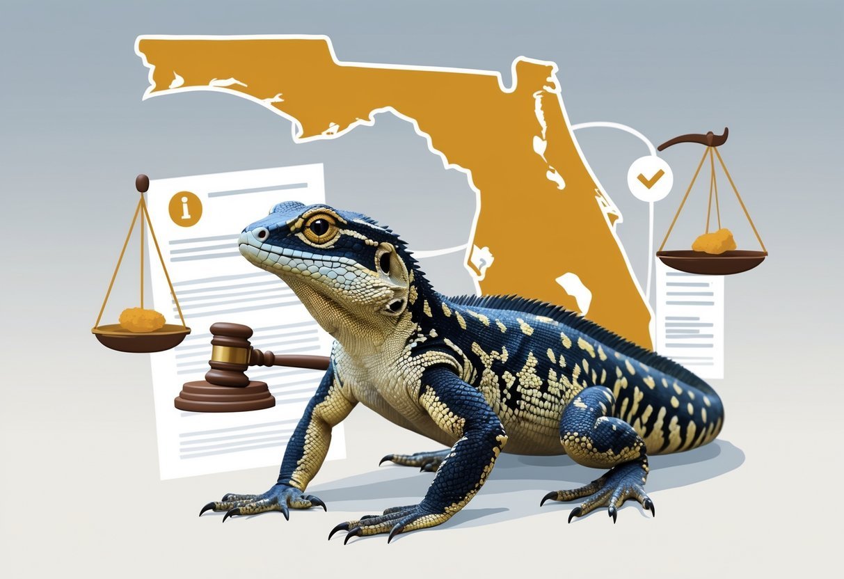 A tegu lizard in front of a map of Florida with symbols of justice including scales, a gavel, and a legal document.