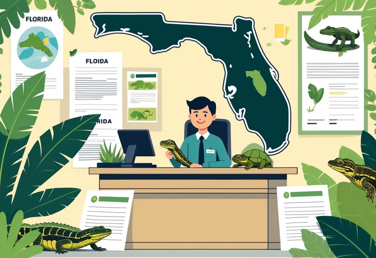 A person holding a small reptile talks with a government official at a desk in an office decorated with Florida-themed items and images of reptiles.