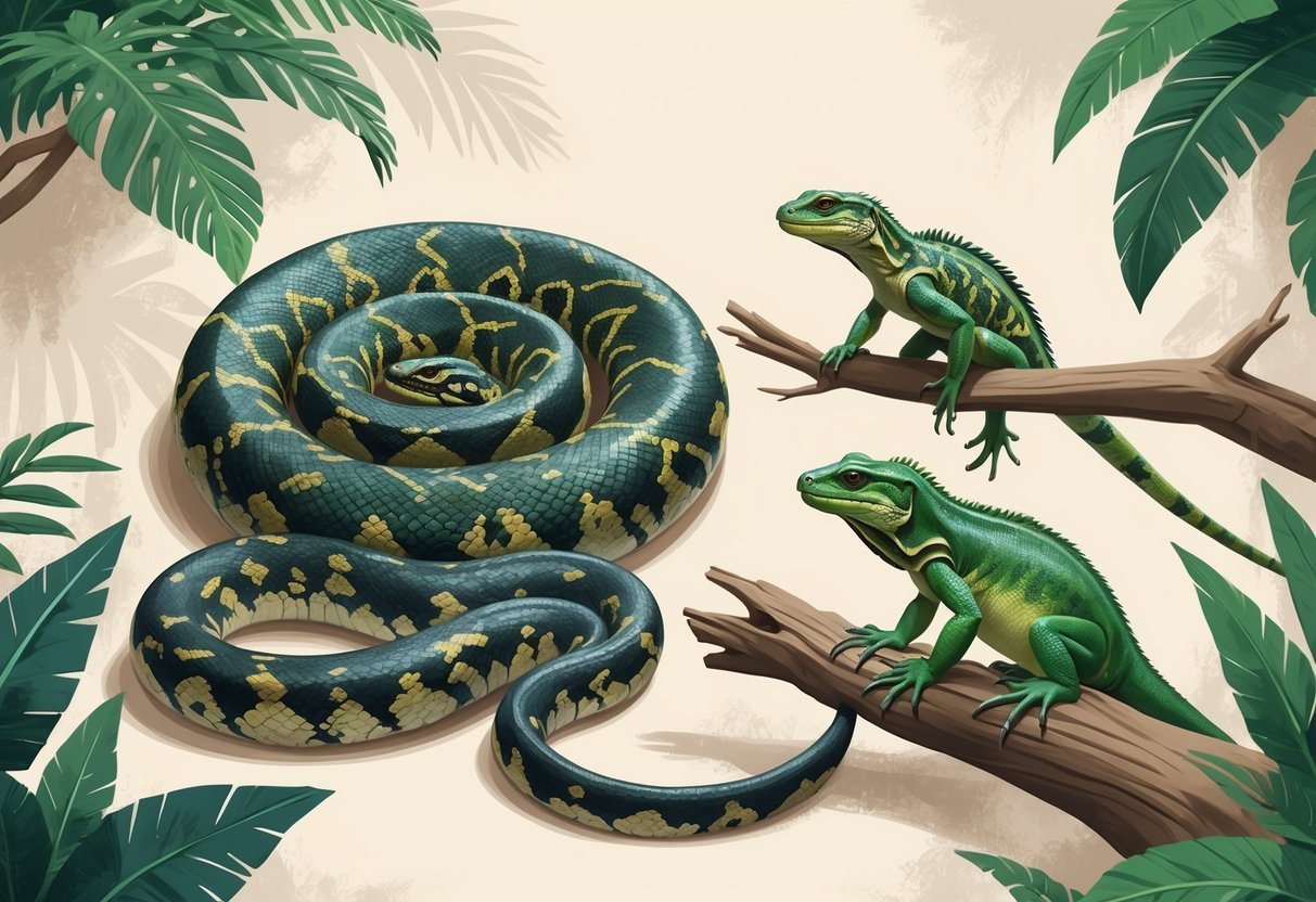 An illustration showing a Burmese python, a Nile monitor lizard, and a green iguana against a neutral background.