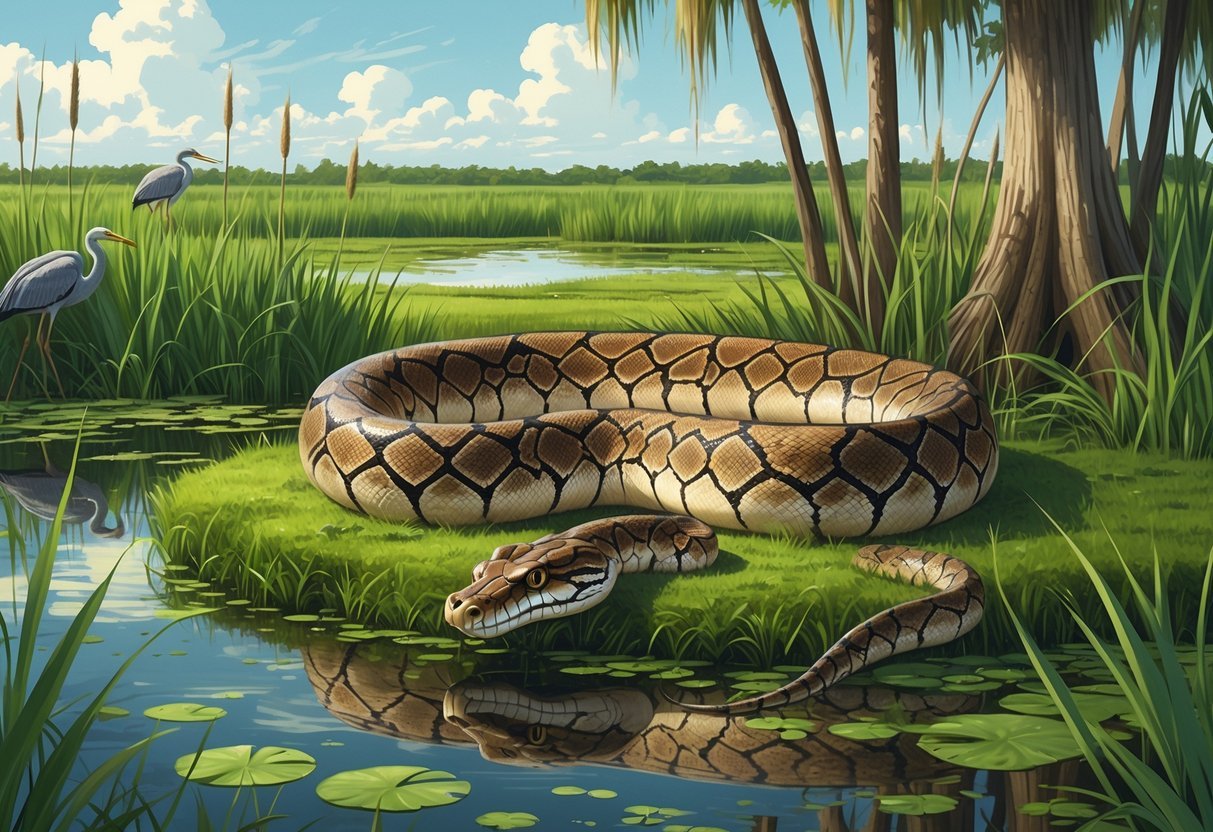 A large Burmese python resting on a marshy⁣ bank surrounded by tall grasses,cypress trees,and water with birds and aquatic ‍plants in the Florida⁢ Everglades.