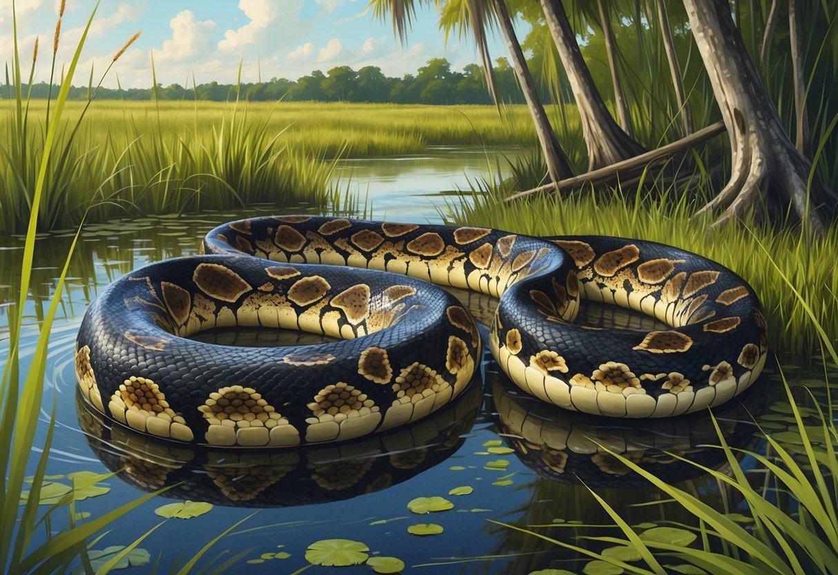 A Burmese ‍python coiled in the shallow water and marshy grass of the ⁤Florida everglades surrounded by⁢ tall‍ grasses and trees.
