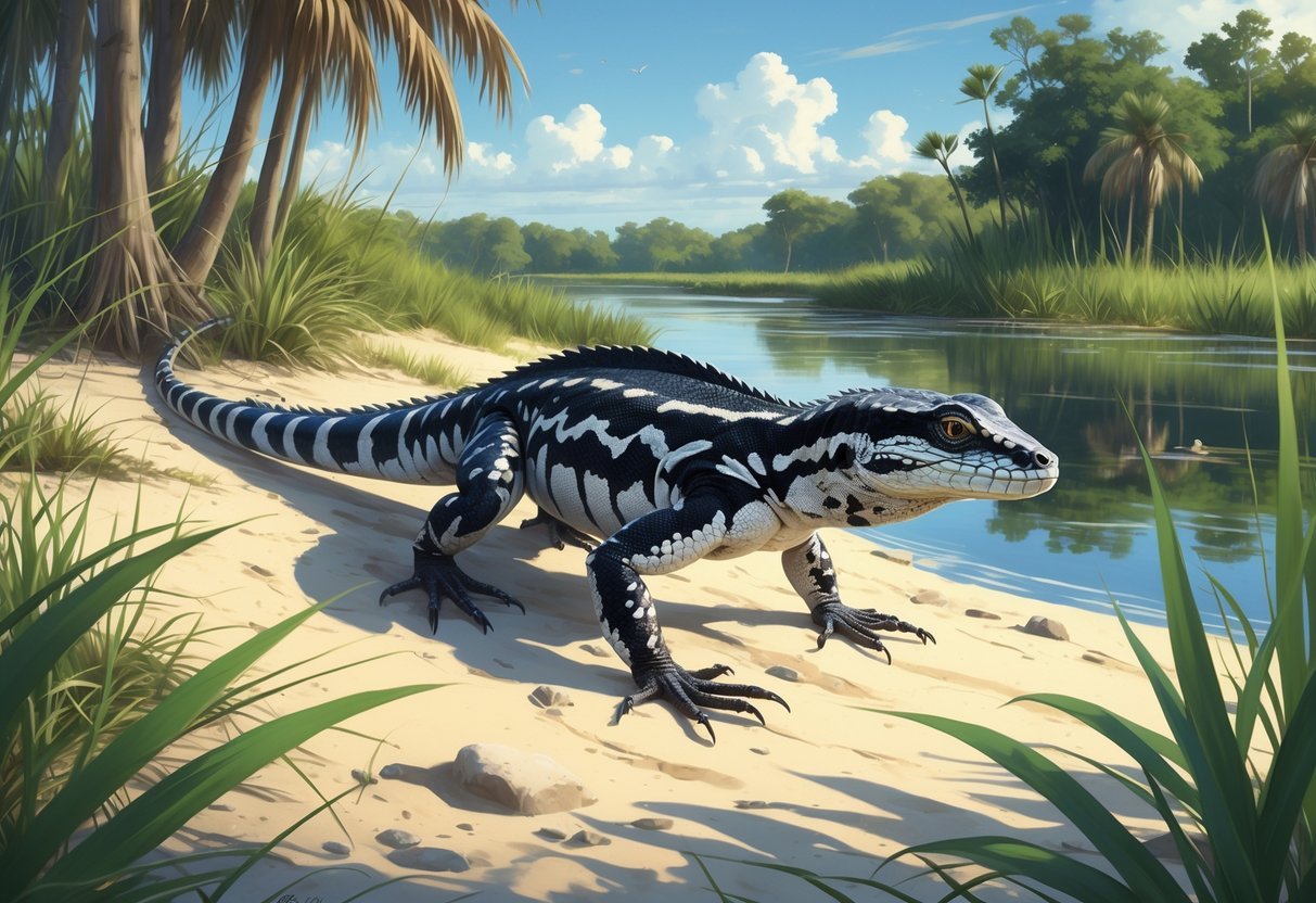 An Argentine tegu lizard on a sandy riverbank surrounded by Florida wetland plants and trees wiht water in the background.