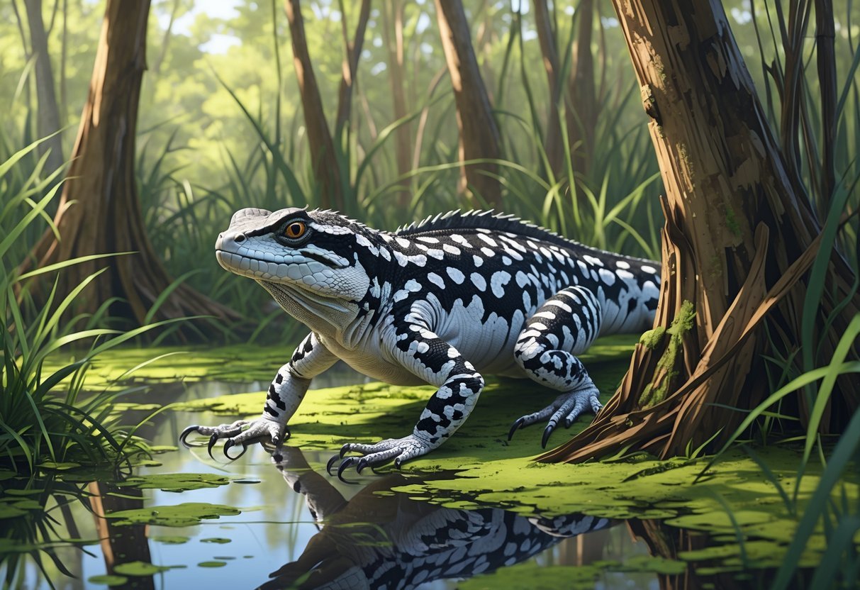 An Argentine tegu lizard partially emerging from dense wetland vegetation in a Florida swamp habitat.