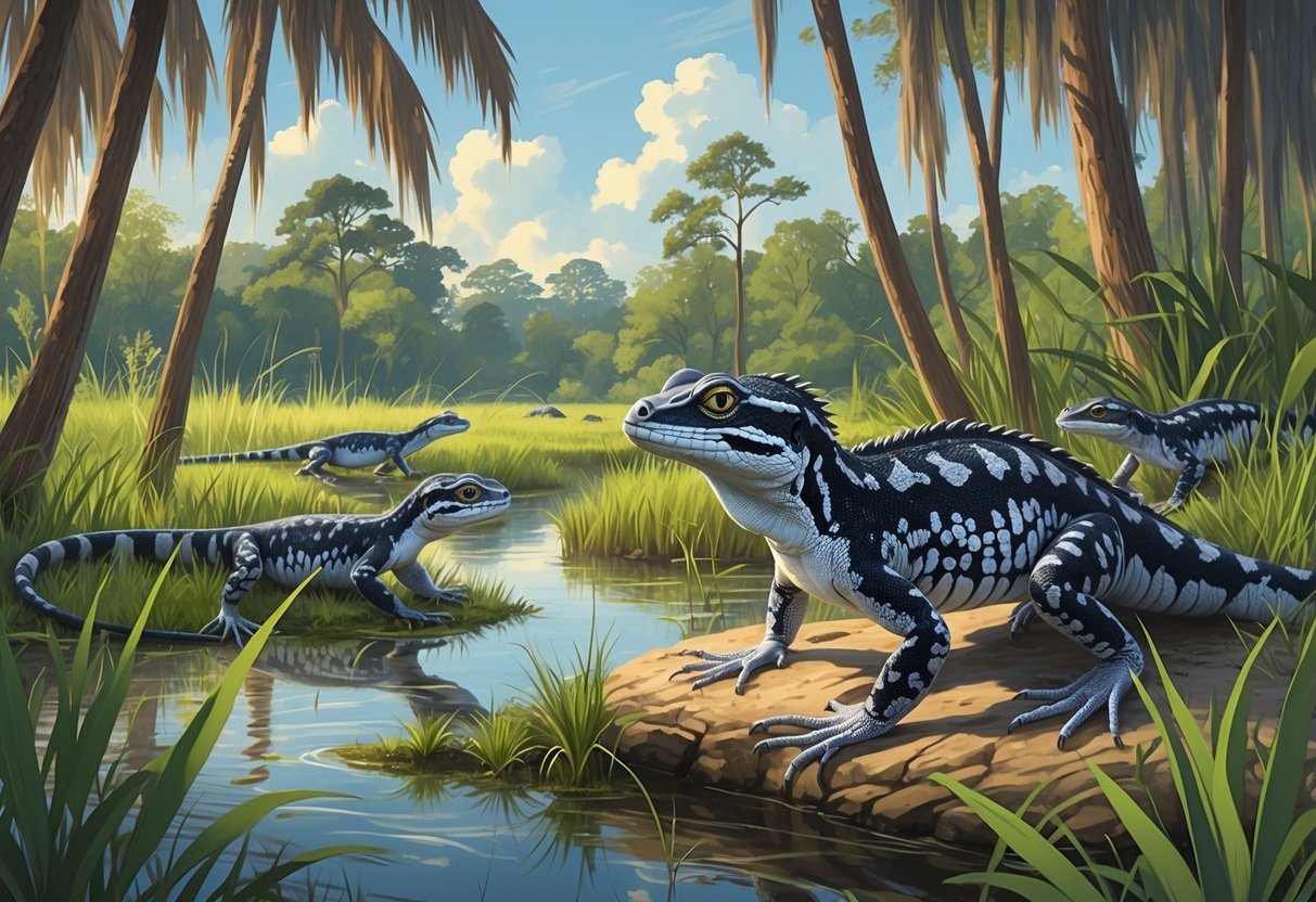 Argentine tegus in a Florida wetland environment with native plants surrounded by signs of nearby human advancement.