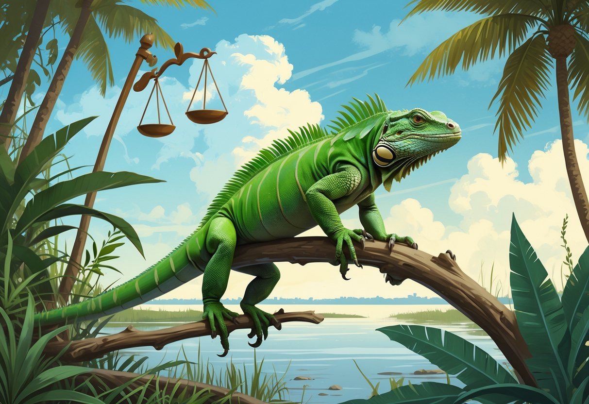 A green iguana sitting on a branch among tropical plants with legal symbols subtly shown nearby.