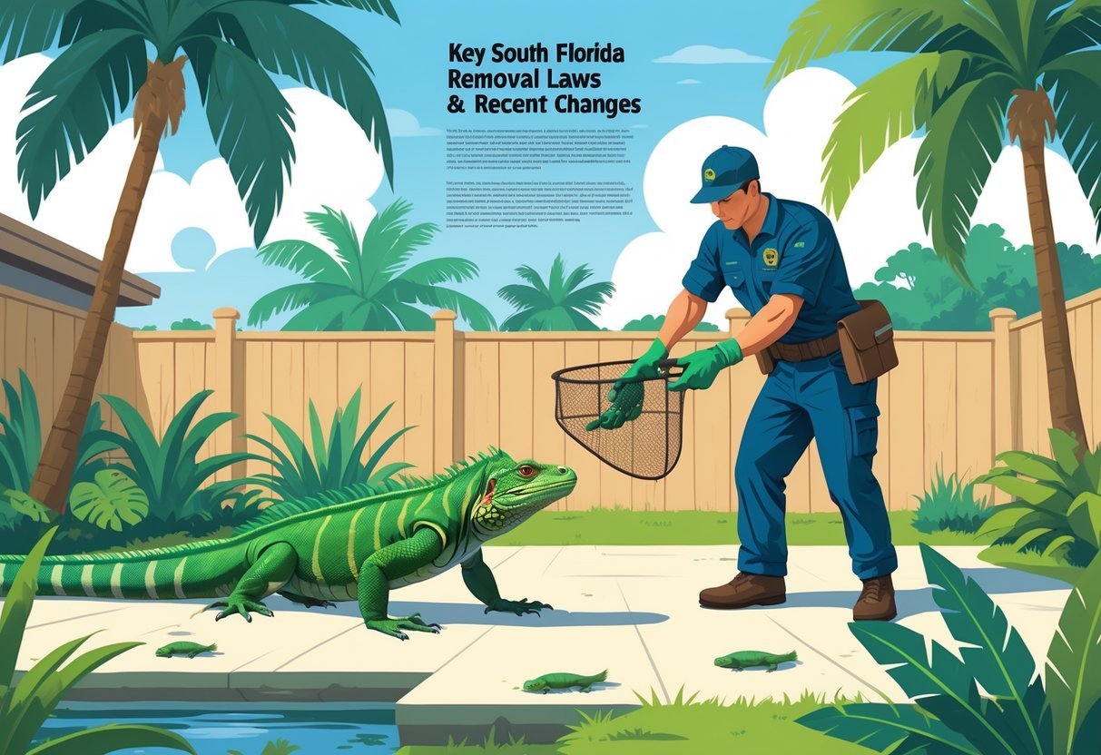A wildlife removal expert carefully capturing a green iguana in a South Florida backyard with tropical plants and palm trees.