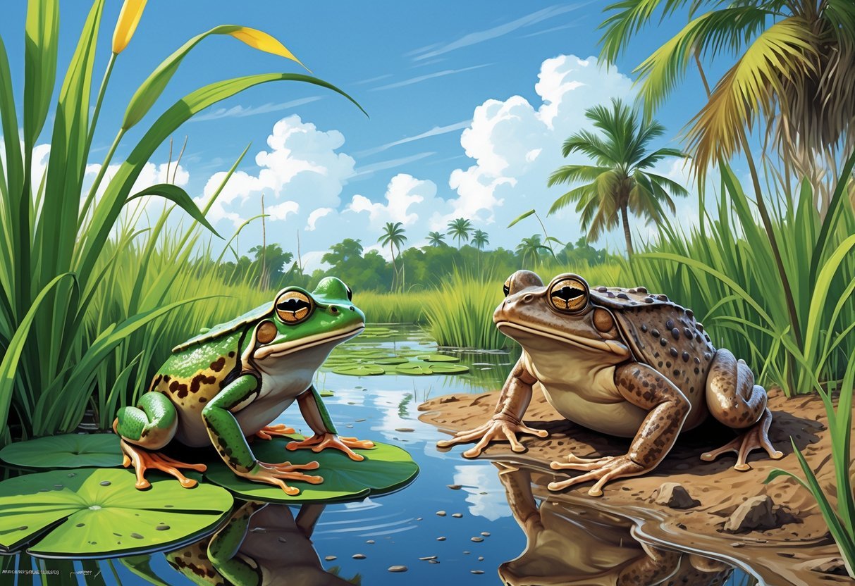 A cane toad​ and ⁤a native frog face ⁤each other in a green wetland area with water ‌and plants ‌in South Florida.