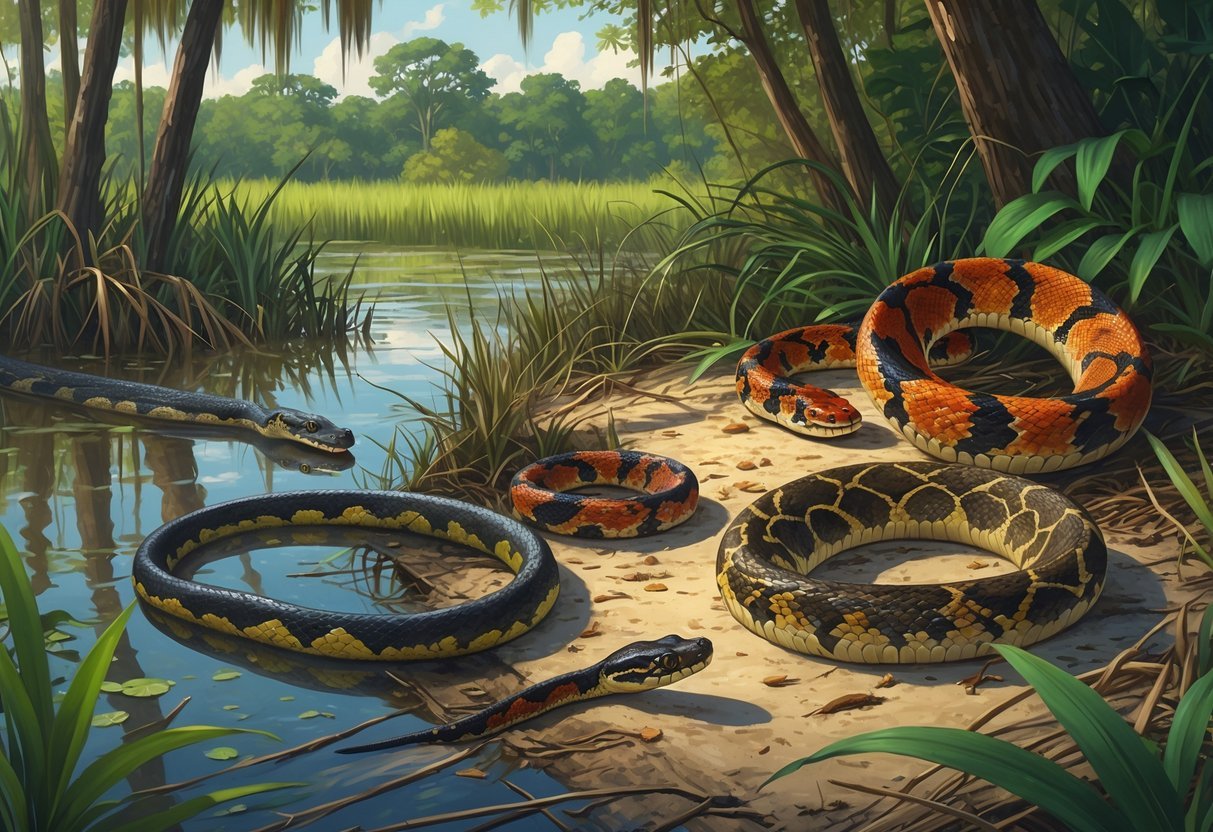 Several venomous snakes native to South Florida in a natural wetland and forest environment.