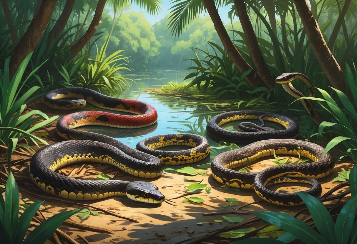Various venomous snakes native to South Florida in a natural wetland and forest environment.