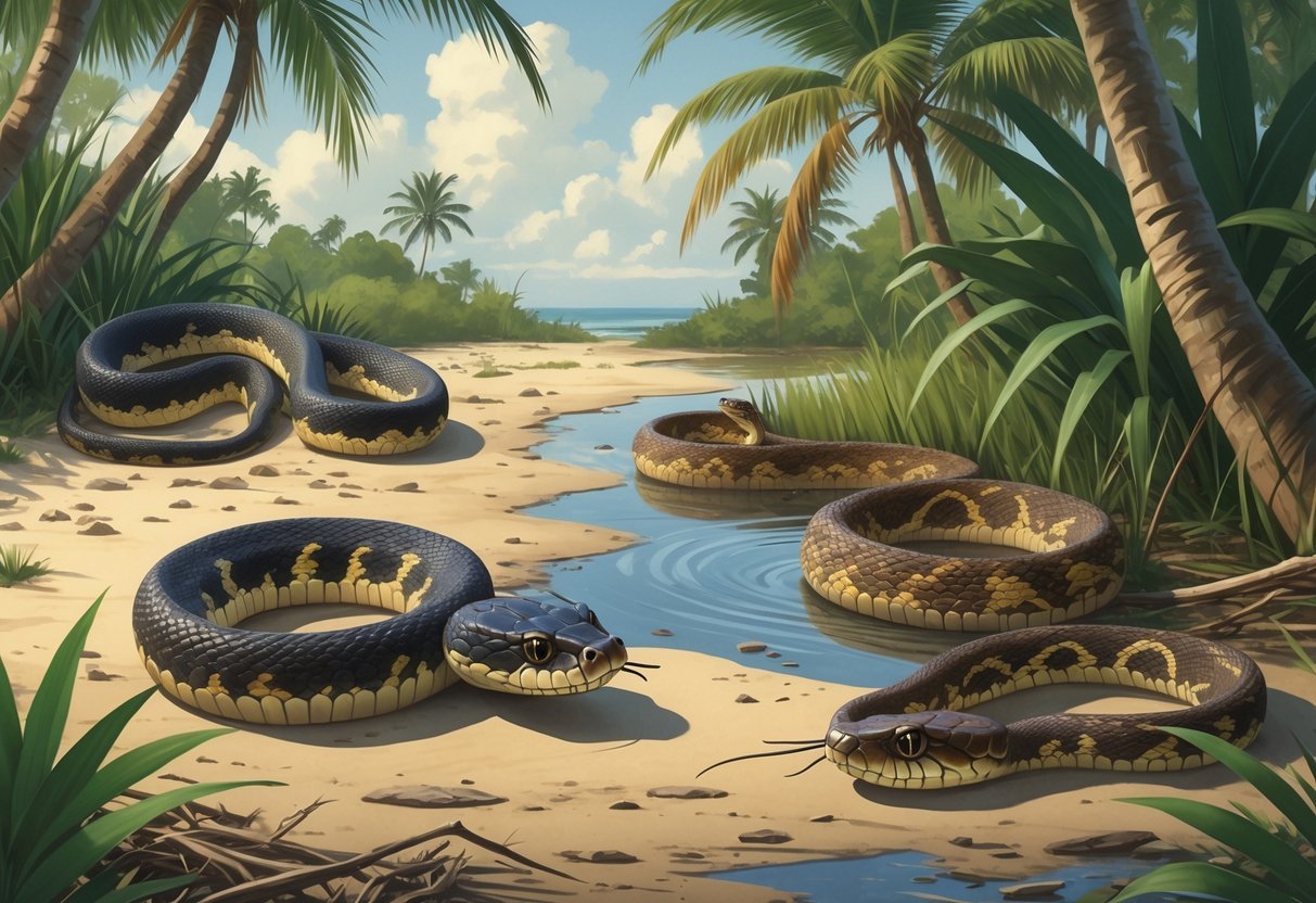 Several venomous snakes native to South Florida shown in their natural habitats including a rattlesnake on dry ground, a cottonmouth near water, and a coral snake among leaves.