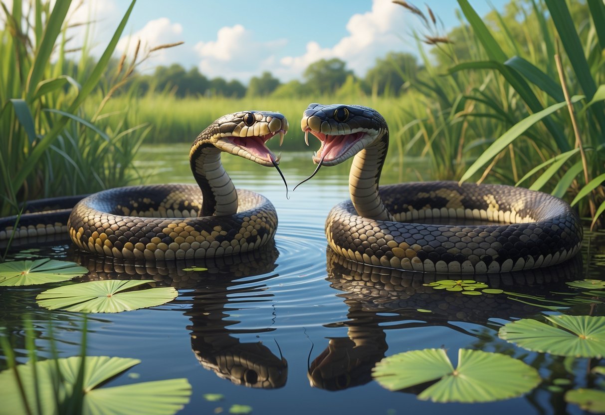 Two snakes,a cottonmouth and a water snake,facing each other aggressively near the edge of a freshwater pond in a Florida wetland surrounded by green plants.
