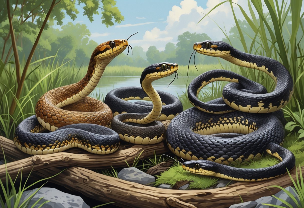 Several different snakes native to Florida shown in their natural wetland and forest habitats.