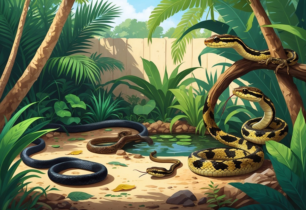 A backyard scene in South Florida showing several different snakes among tropical plants and natural ground cover.