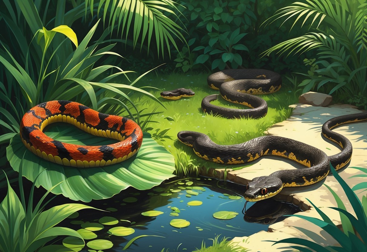 A backyard scene in South Florida showing several venomous snakes including a coral snake, cottonmouth near water, and a timber rattlesnake on the ground among plants and grass.