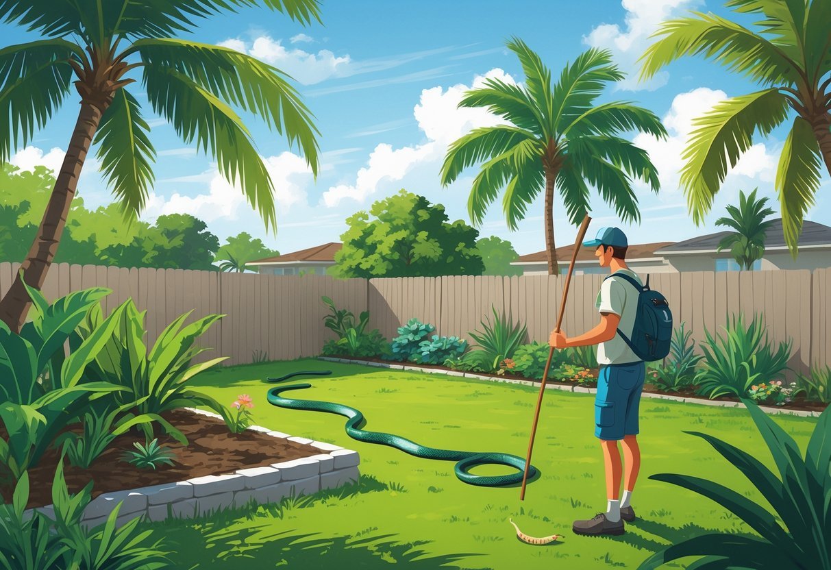 A person in a Florida backyard watching a snake near plants while keeping a safe distance.