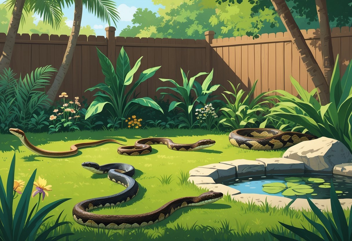 A Florida backyard with grass, plants, and a small pond showing several native snakes quietly present among the vegetation.