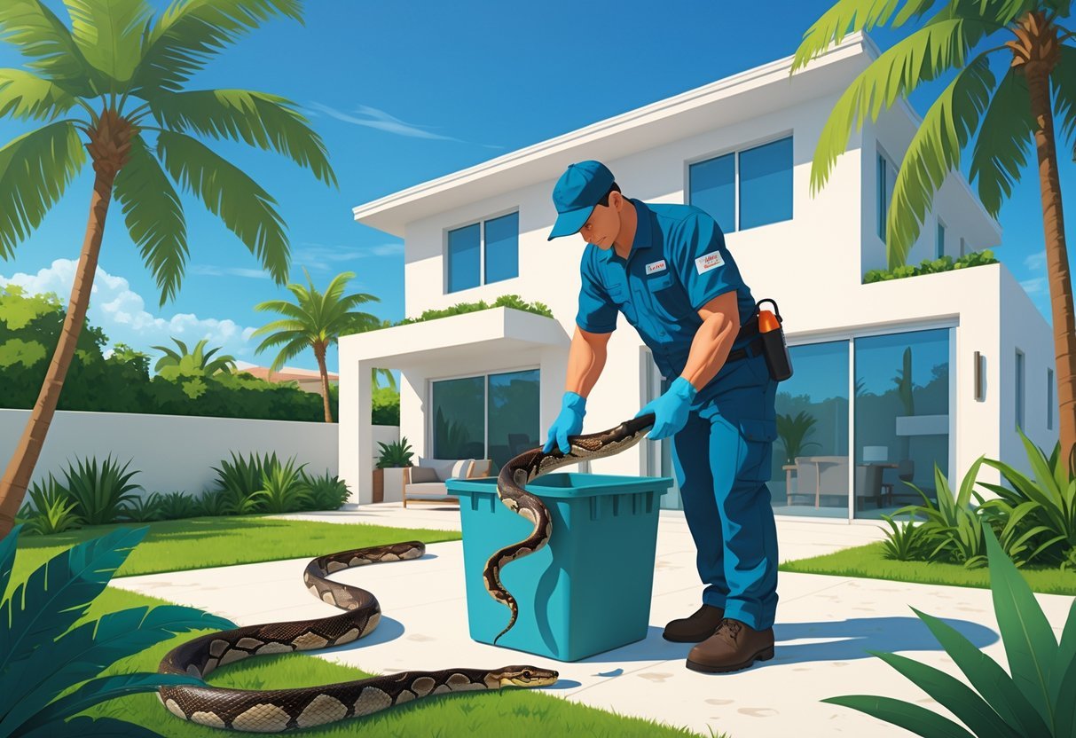 A pest control ‌expert removing ‌a snake ‍from a backyard in Miami with ⁣tropical ‌plants and a modern house in the background.