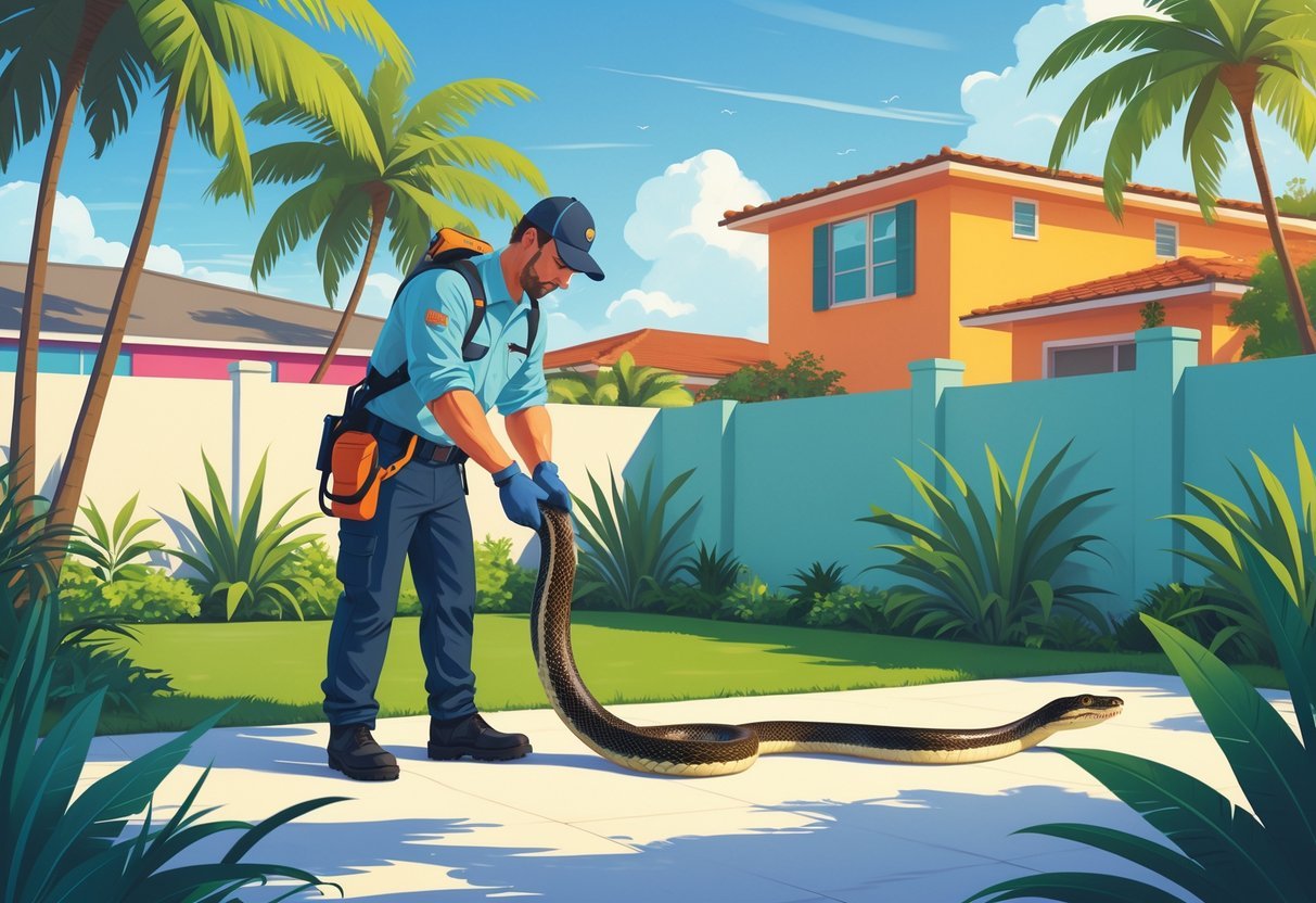 A snake⁤ removal‍ expert safely ⁢capturing a large snake in a Miami suburban​ backyard with tropical plants and palm trees.