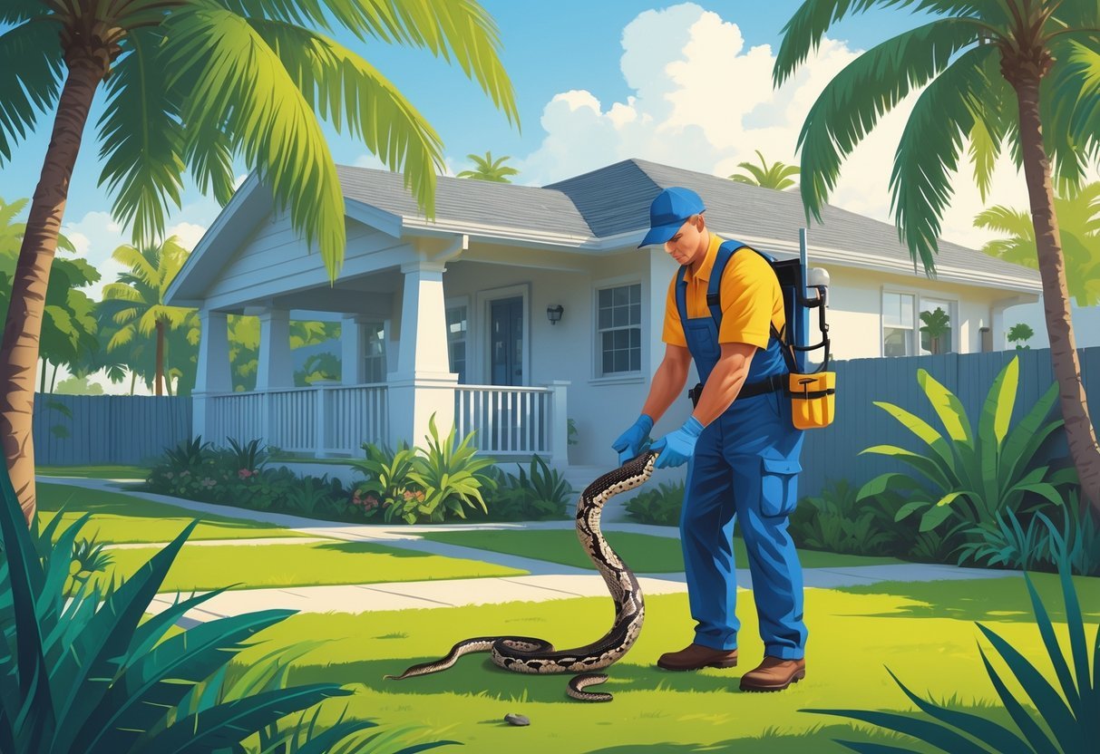A wildlife expert safely removing a snake from a backyard with palm trees and a house in the background.