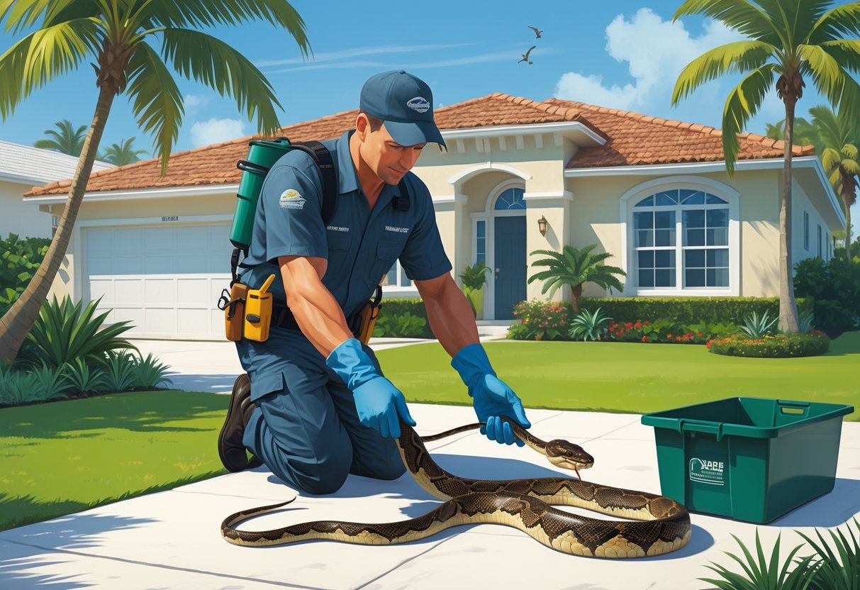 A pest control technician safely removing a snake near a tropical palm Beach home with palm trees and green plants.