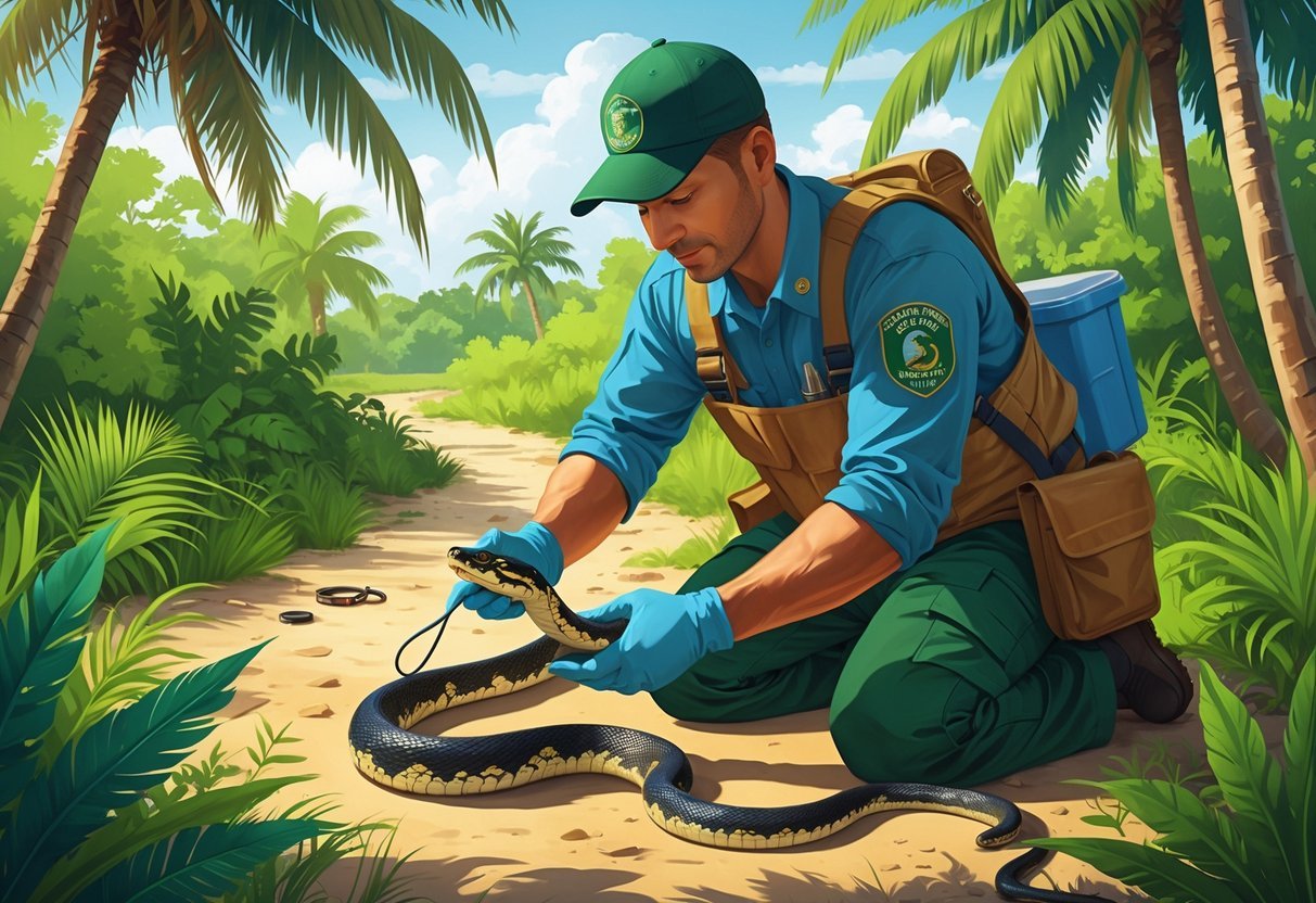 A wildlife expert gently relocating a snake in a lush South Florida natural area with palm trees‍ and greenery.