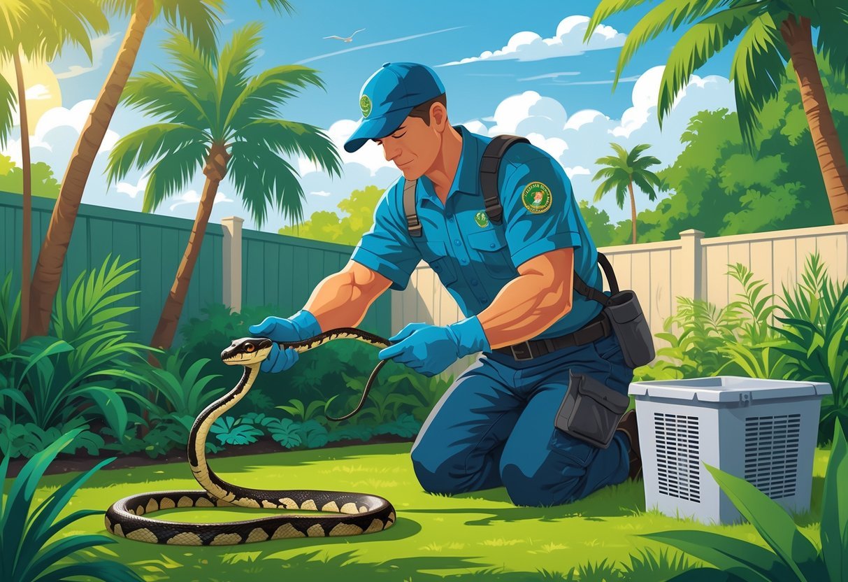 A professional safely capturing a snake ‍in a⁤ South Florida garden surrounded‍ by tropical plants.
