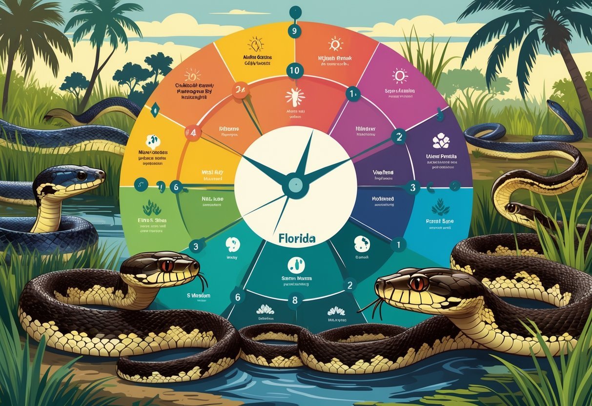 Illustration showing various Florida snakes active around a seasonal chart representing their peak activity periods throughout the year, set against natural Florida habitats.