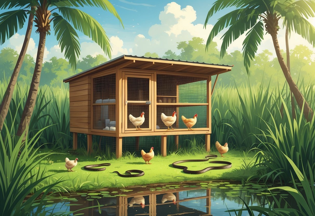 A backyard chicken coop in Florida with chickens inside and snakes nearby in the surrounding vegetation.