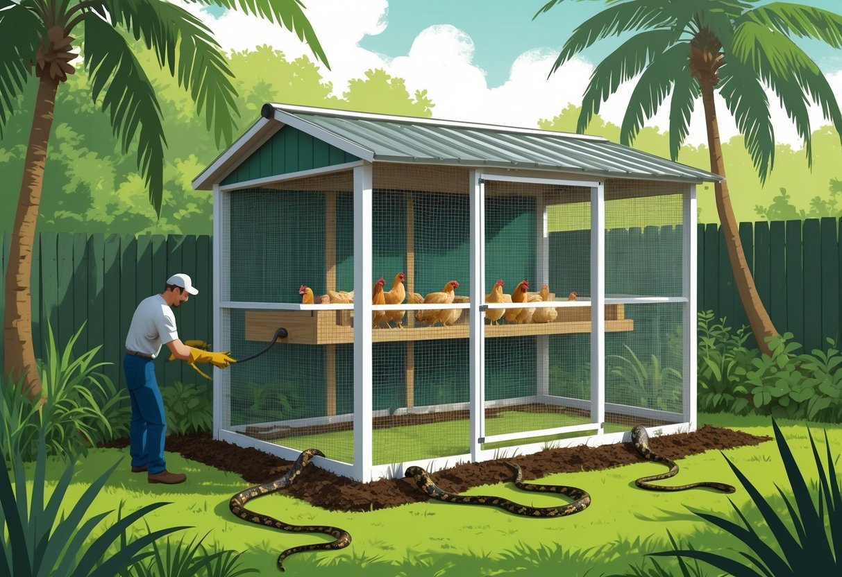 A chicken coop in a Florida backyard with wire mesh fencing and sealed gaps to keep snakes out, a person inspecting the perimeter, and snakes visible outside the protected area.