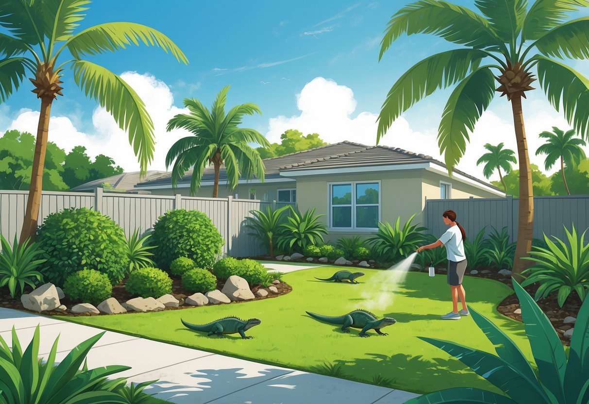 A South Florida yard with tropical plants and a fence showing natural barriers. A person is applying repellent to keep iguanas outside the garden.