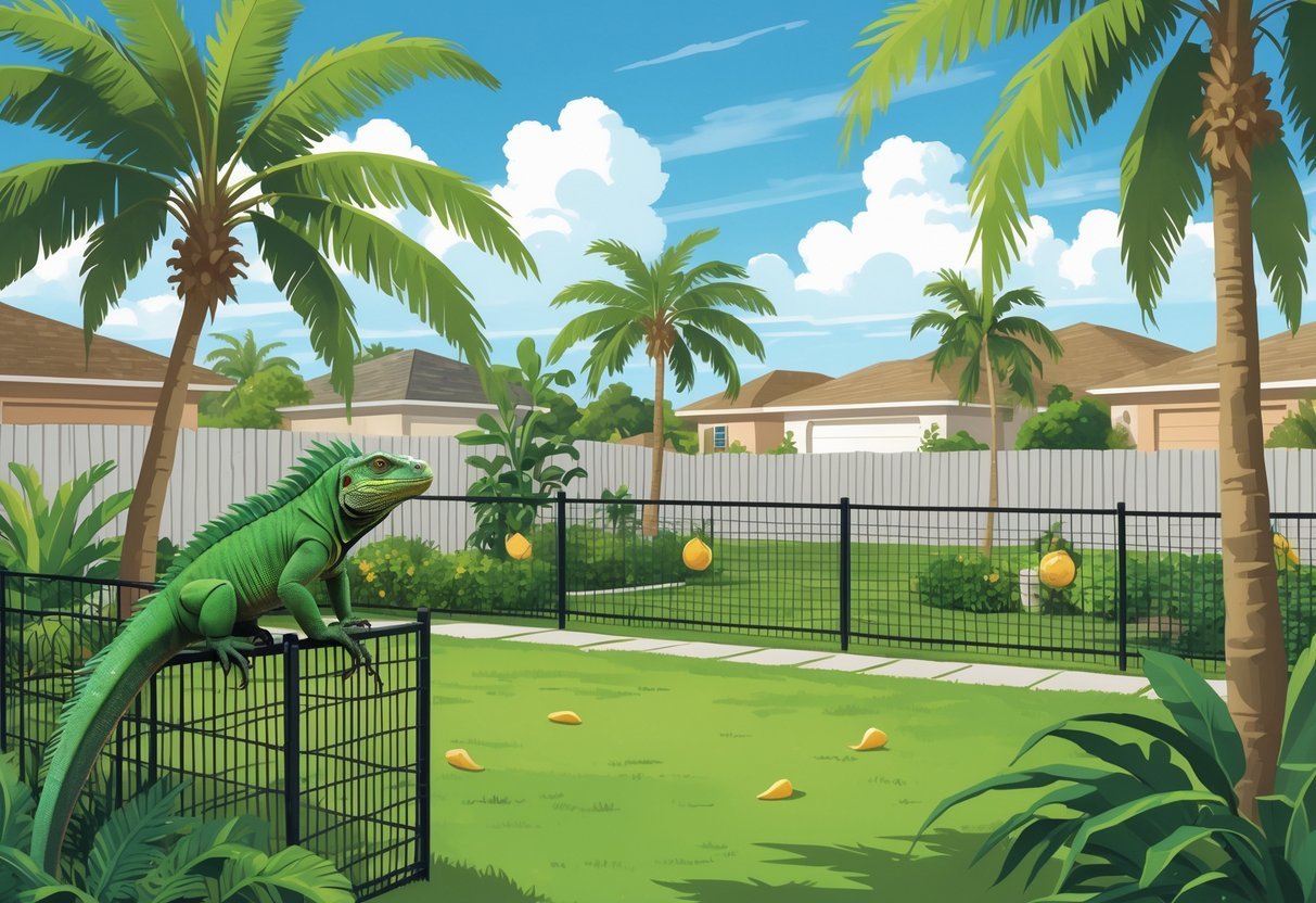 A green iguana on a fence in a South Florida yard with tropical plants. Natural methods are used to keep iguanas away.