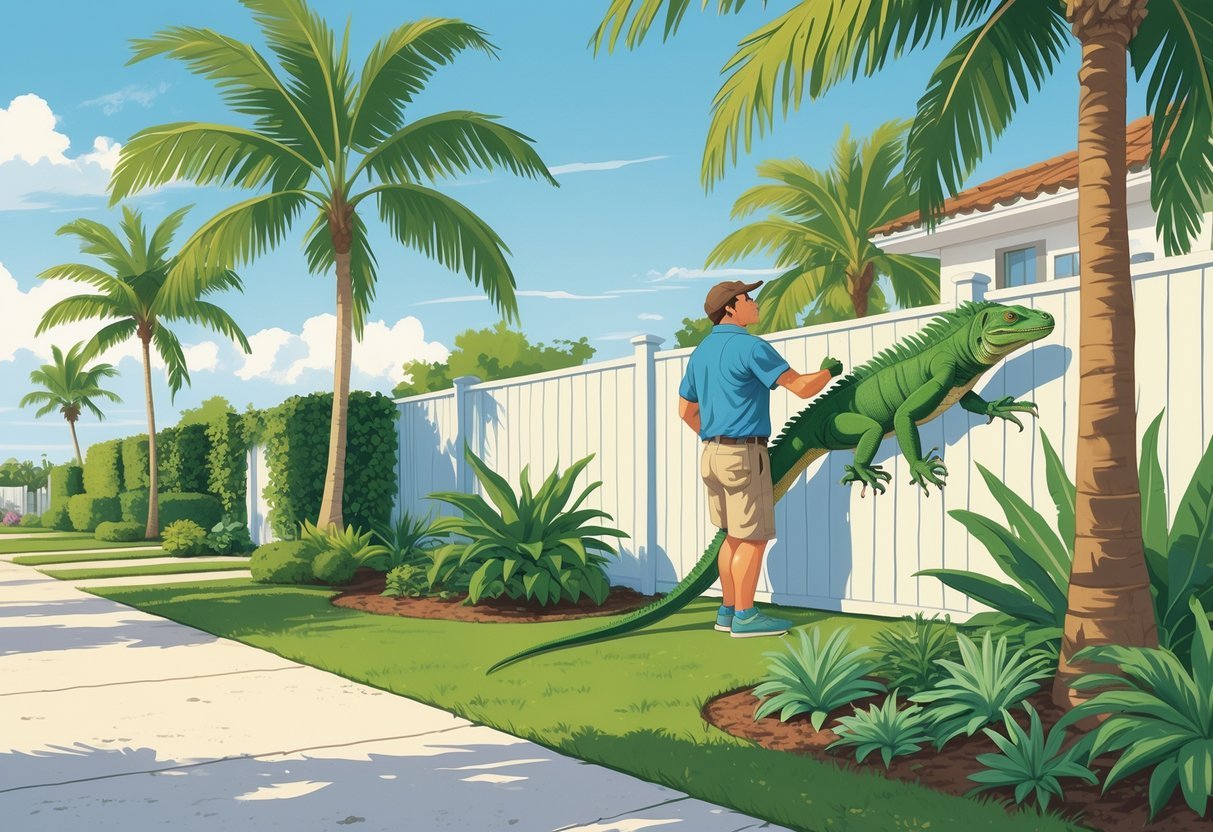 A homeowner gently deterring a green iguana climbing on a fence in a South Florida yard with tropical plants and palm trees.